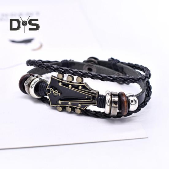 2/3 ks Náramek na punkovou kytaru Retro umělá kůže Zinková slitina Rock Music Náramek Ručně vyrobený pletený vícevrstvý zavinovací náramek pro muže