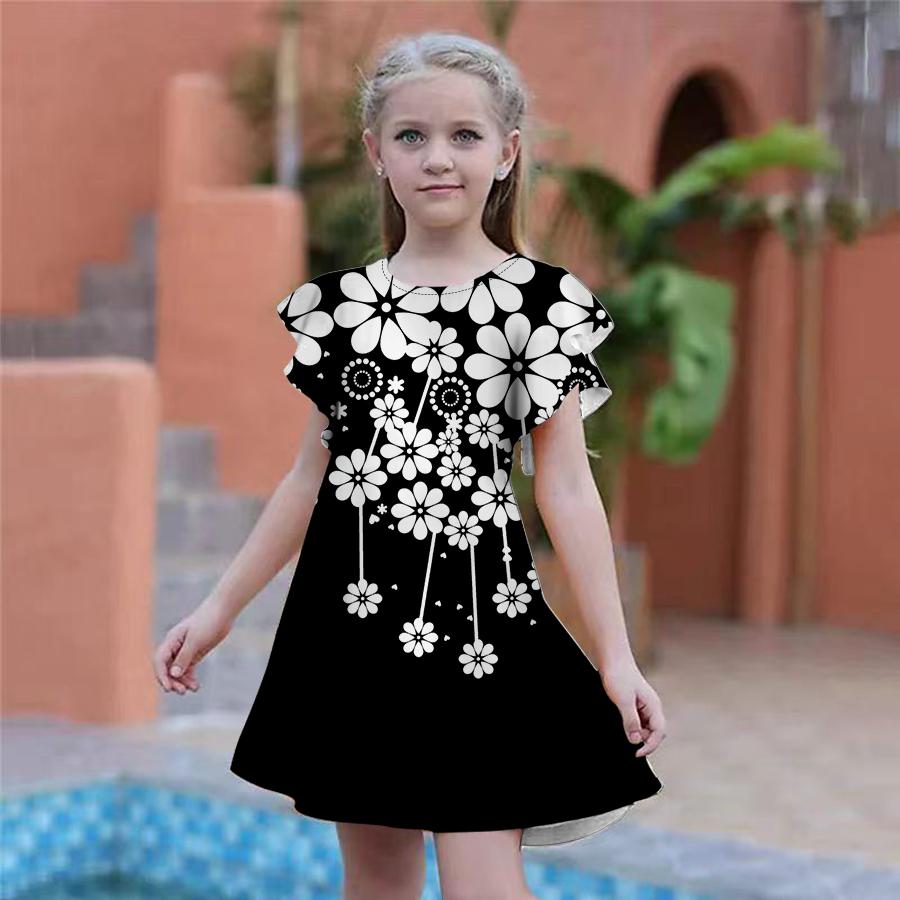 Mädchen-Kleid mit Gänseblümchenmuster, Kinder-Partykleid, locker sitzender, locker sitzender, kurzärmliger Rock für Mädchen über vier Jahre