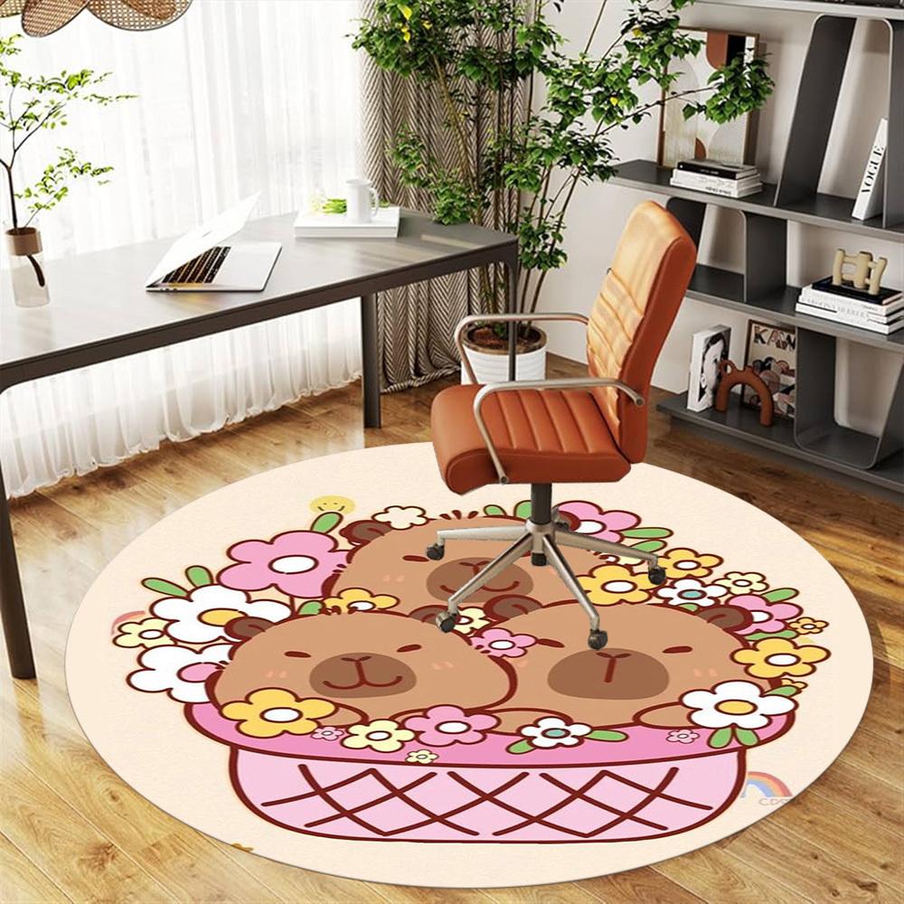 1PC Basket Flowers Capybara Round Chair mat Area Rug - Non-Slip, Floor Mat for Office, Bedroom, home decor Christmas Gift c0528069