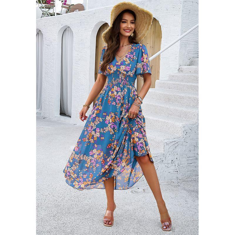 

Elegant Sweet Western Style Summer V-neck Print Elastic Waist Hugging Slimming Short sleeve Chiffon Dress DRESS Blue L