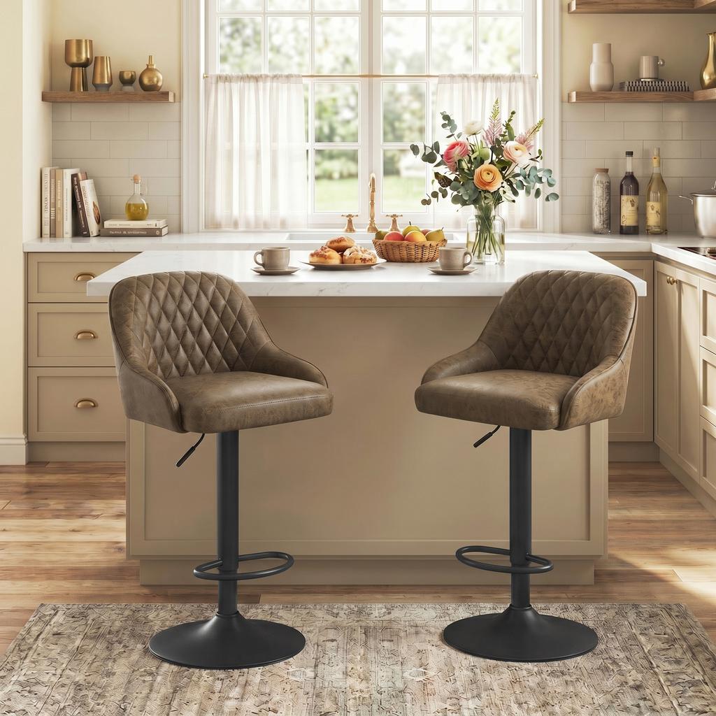Bar Stools, Set of 2, High Kitchen Stools, Swivel Seat, Adjustable Height, Dark Brown