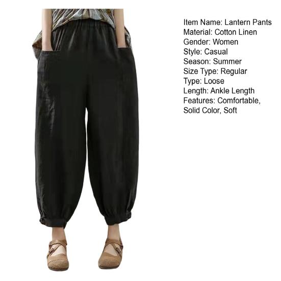 Lantern Pants Summer Elastic Waist Solid Color Cotton Linen Dual Pockets Ankle Length Loose Fit Women Harem Baggy Trousers Daily Wear