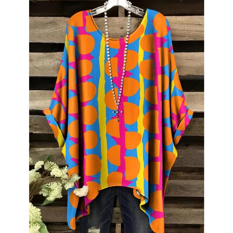 

Women T-Shirts Bohemian Vacation Simple Pattern Print Tops Irregular Hemp Round Neck Fashion Versatile Short Sleeve Clothes 1XL