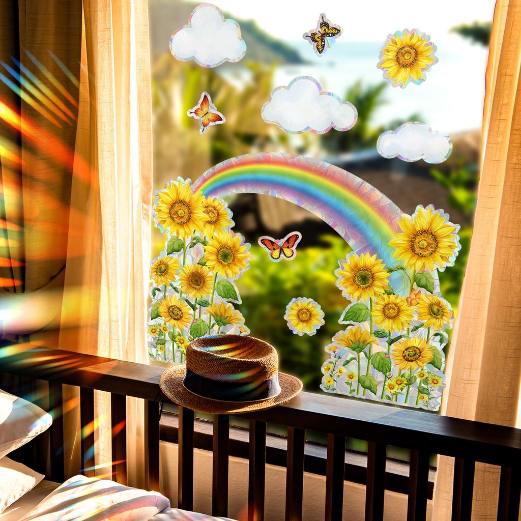 Xc6068 Sonnenblume Regenbogen Wolke Schmetterling Fensteraufkleber Sonnenschein Bunt Statischer Glasaufkleber Doppelseitiger Visueller Fensteraufkleber