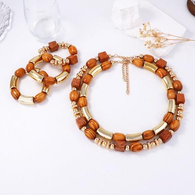 European and American Light Luxury High-end Design Sense Wooden Round Beads CCB Bamboo Staggered Splicing Multi-layer Necklace Bracelet Women