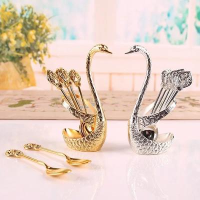 Elegant Swan Coffee Spoon Set with 6pcs Metal Dessert Spoons Luxury Flatware for Coffee Fruit Dessert Organizer