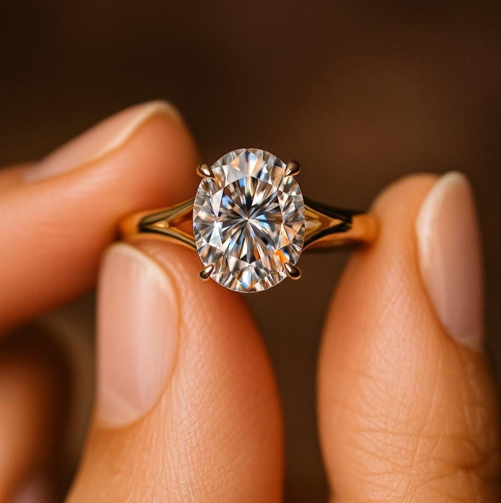 Oval Cut Cubic Zirconia Ring – Yellow Gold Plated Solitaire, Pave Split Shank, Engagement, Wedding, Promise, Anniversary Gift