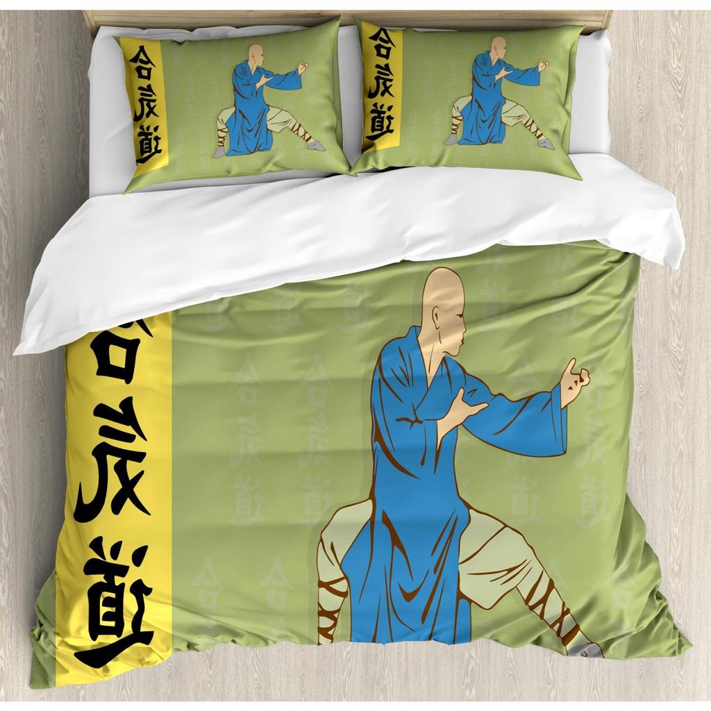 Chinese Kung Fu Polyester Duvet Cover Set Eastern Martial Art Sports Themed Cartoon Warrior In Traditional Clothes For Kids Teen