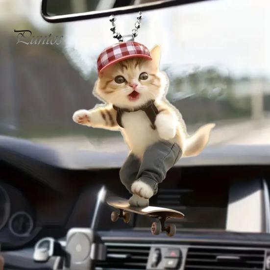 Adorable Cat Hanging Ornament Car Rearview Mirror Pendant with Lanyard Easy To Hang Animal Cat-Shaped Xmas Tree Pendant