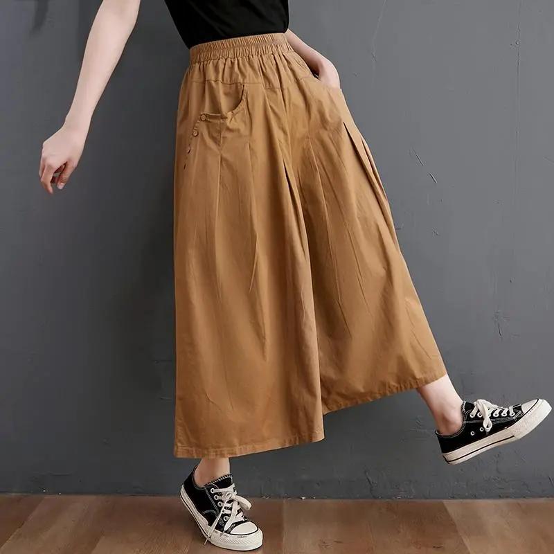 Pantalones de Algodón de Verano de Pierna Ancha para Mujer Estilo Vintage Color Sólido Sueltos Femeninos Hasta el Tobillo Casuales
