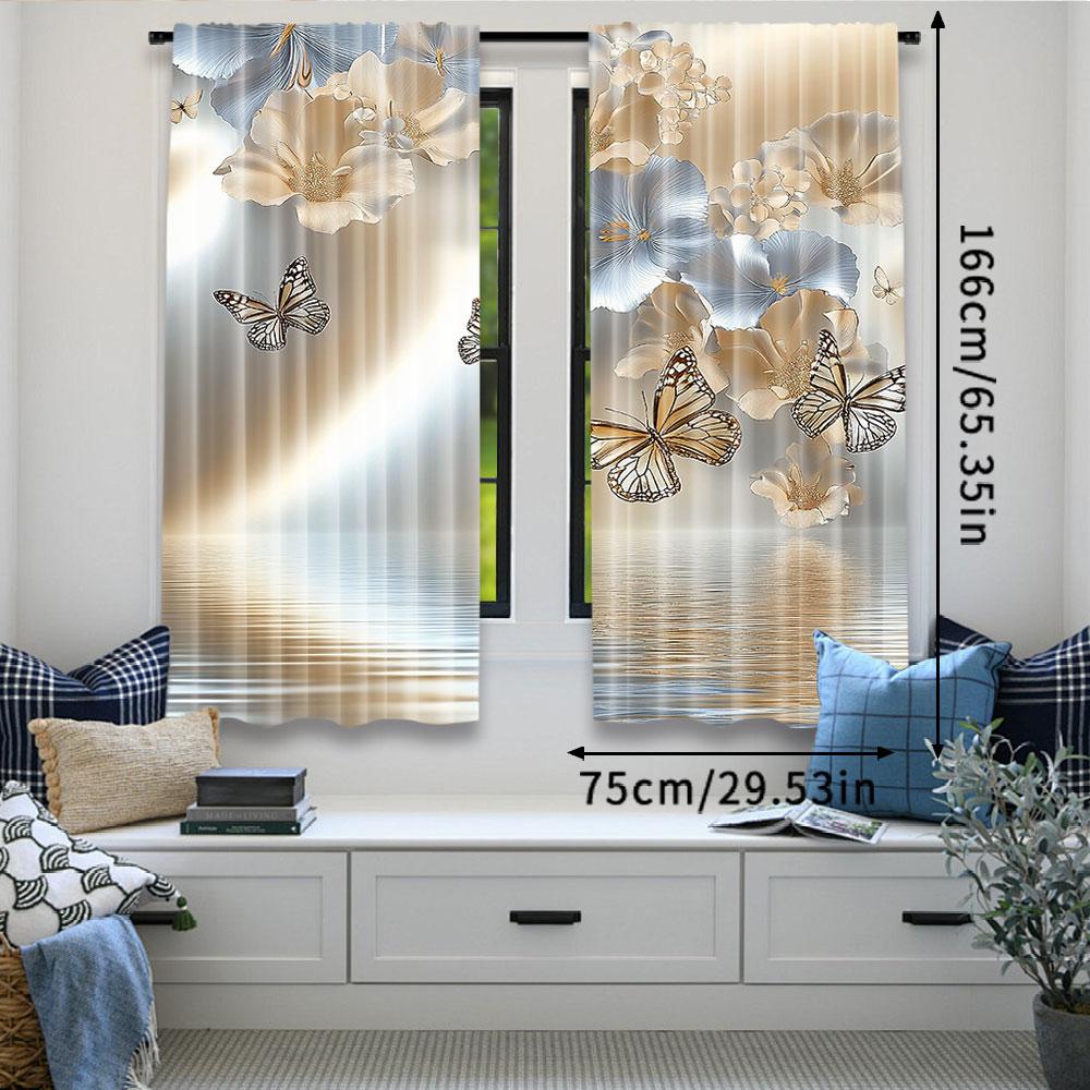 2Pcs Floral Curtain Nature Theme Wild Flowers Monarch Flying Butterflies Lily On Lake Therapy Spa Suitable For Living Room And