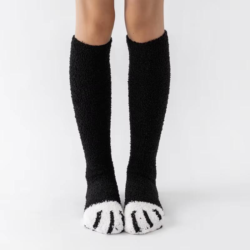 College Style Thicken Coral Fleece Cat Paw Calf Socks For Women Autumn Winter Warm Long Tube Socks Home Sleeping Floor Socks