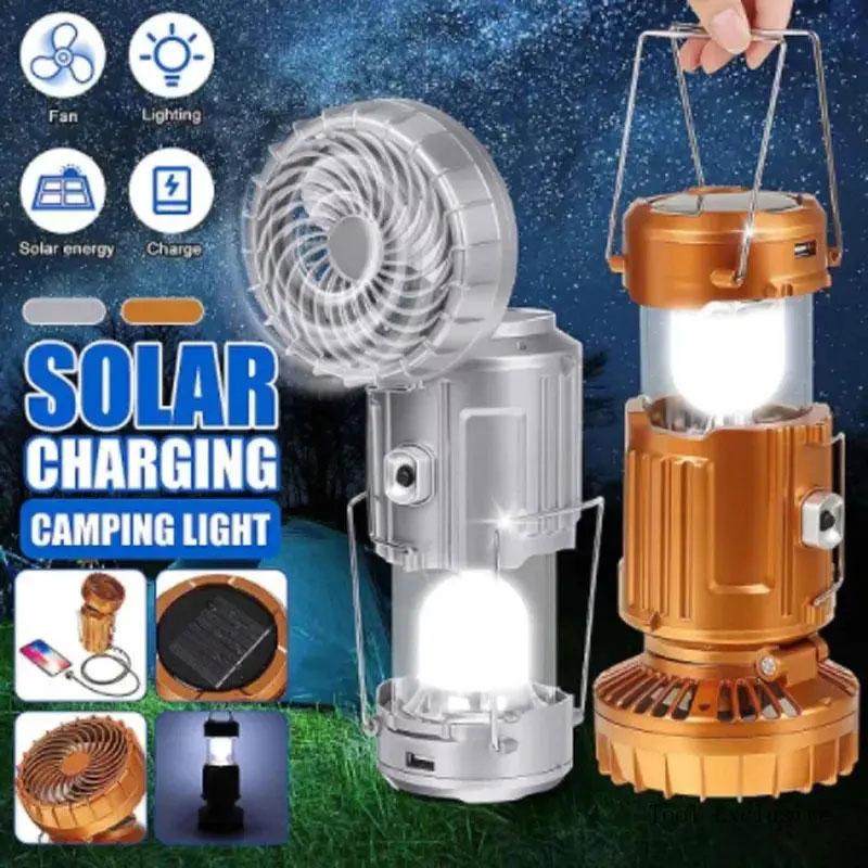 Solar Portable Camping Lanterns Electric Fan 1500mAh LED Solar Power Hanging Tent Rechargeable Outdoor Emergency Lamp with Fan