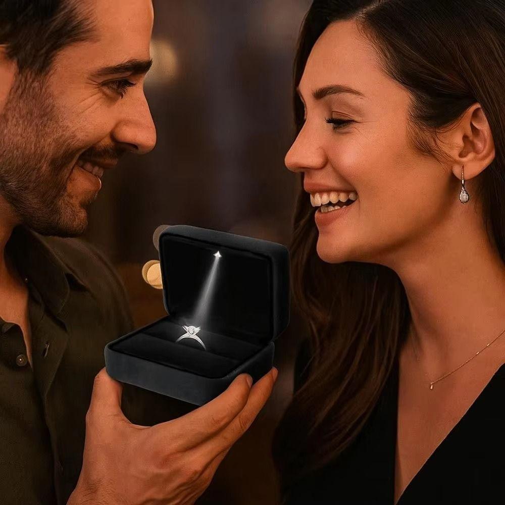 Velvet Ring Holder Case Square Shape LED Light Ring Display Case Birthday Gift