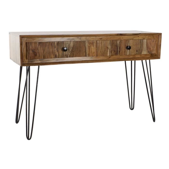 Console - Moderne - Bois d'acacia marron - Métal noir - 2 tiroirs - 118 cm