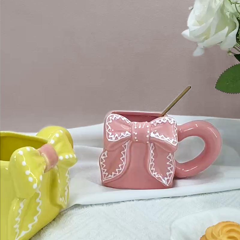 Creative Ceramic Coffee Cup Three-dimensional Bow Mug Exquisite Afternoon Tea Ceramic Flower Tea Cup Home Breakfast Milk Mug New