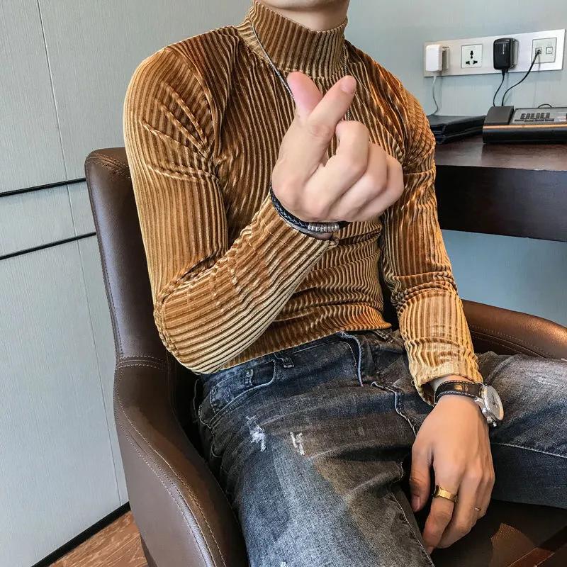 Men's Fall Half-High Neck Striped Long-Sleeve T-Shirt Slim-Fit Mid-Neck Thermal Base Layer