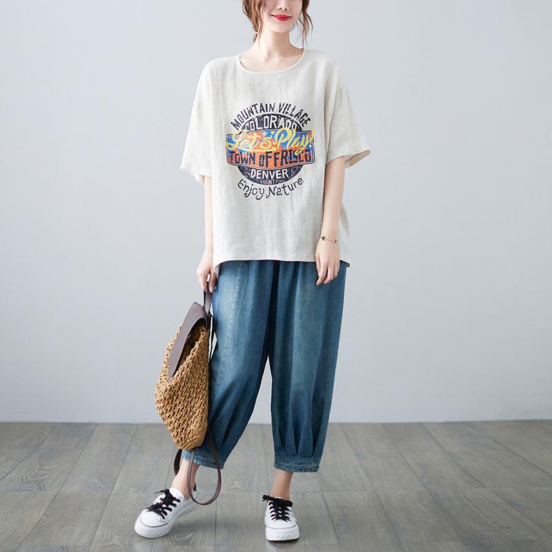 

2026 Summer Women s Artistic Cotton Linen Short Sleeve Plus Size Slimming Comfortable Printed Versatile T-shirt XL білий