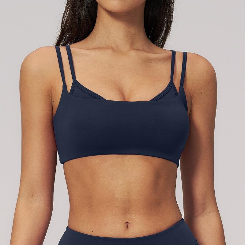 Bare-feel double camisole yoga tank top with chest pads, thin shoulder straps, sports bra, fitness bra, beautiful back style