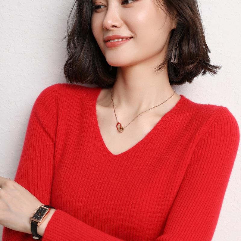 V-neck Knitted Sweater Women's Spring and Autumn Women's Sweater Slim-fitting Solid Color Knitted Long-sleeved Bottoming Versatile Short Top