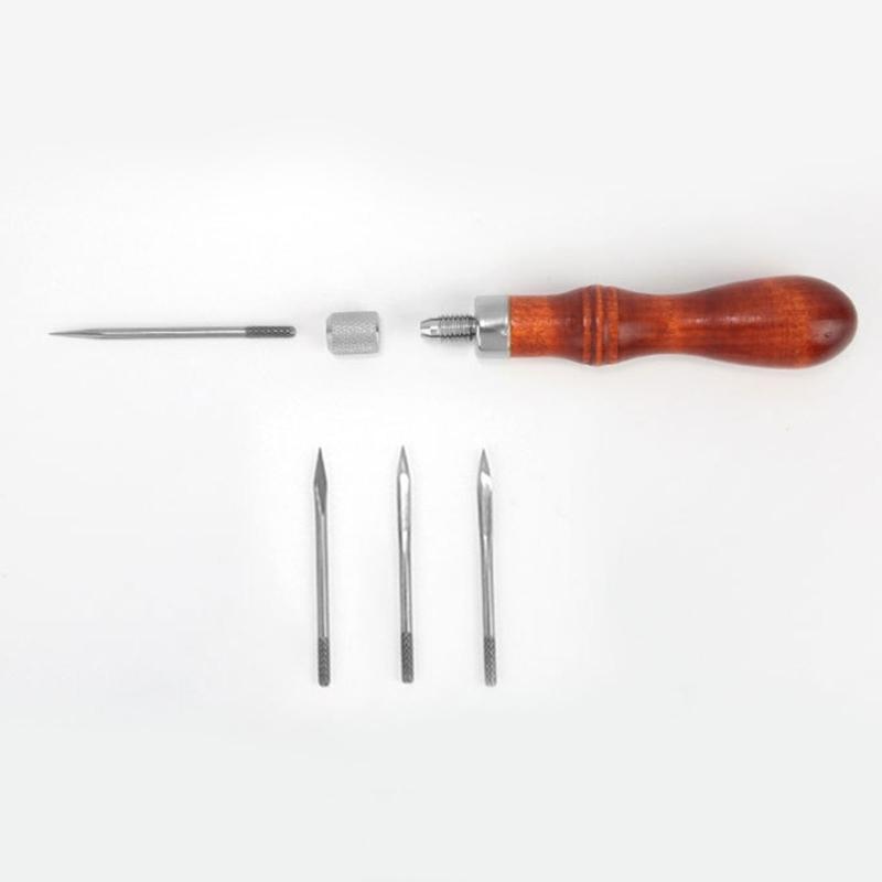 Hand Sewing Awl Set Pin Punching Wood Handle for Leatherworking Enthusiasts