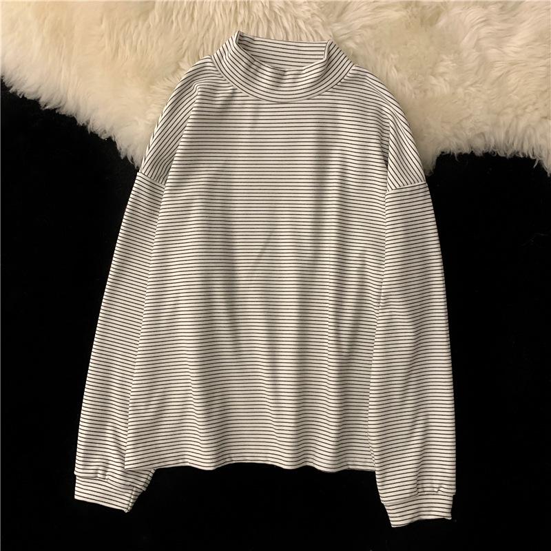 

Женский полосатый базовый слой оверсайз: Топ с высоким воротником и длинными рукавами с начесом для осени/зимы Medium белый