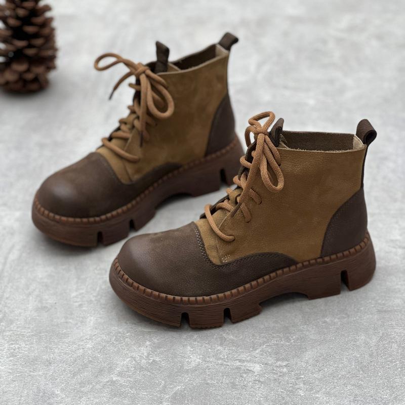 Johnature Vintage handgemachte echtes Leder dicke Sohle kurze Stiefel runde Spitze Schnür-Plattform-Schuhe