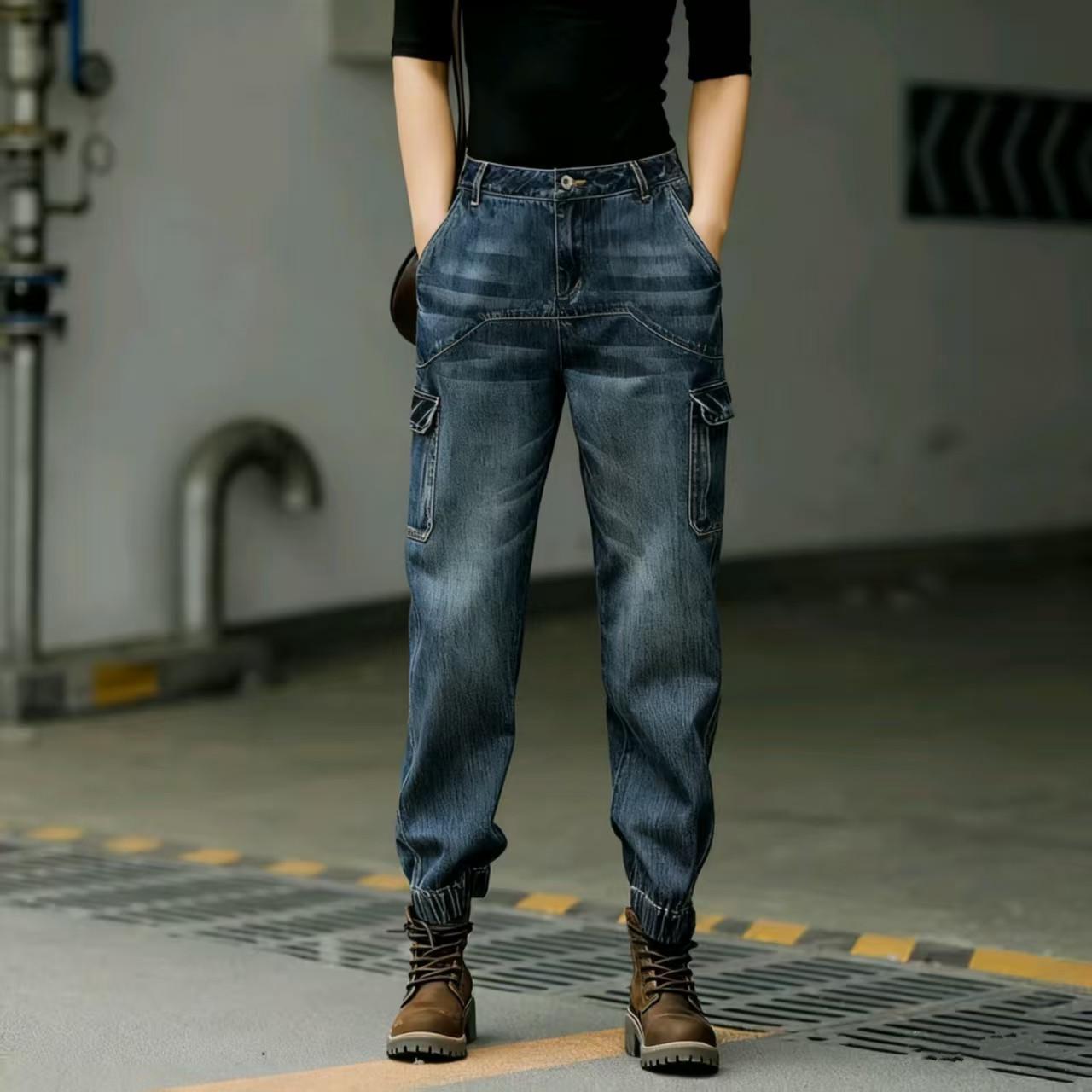 Women s High Waist Elastic Cargo Jeans - Loose Fit, Slimming, Spring/Autumn 2026 Collection M темно-синий