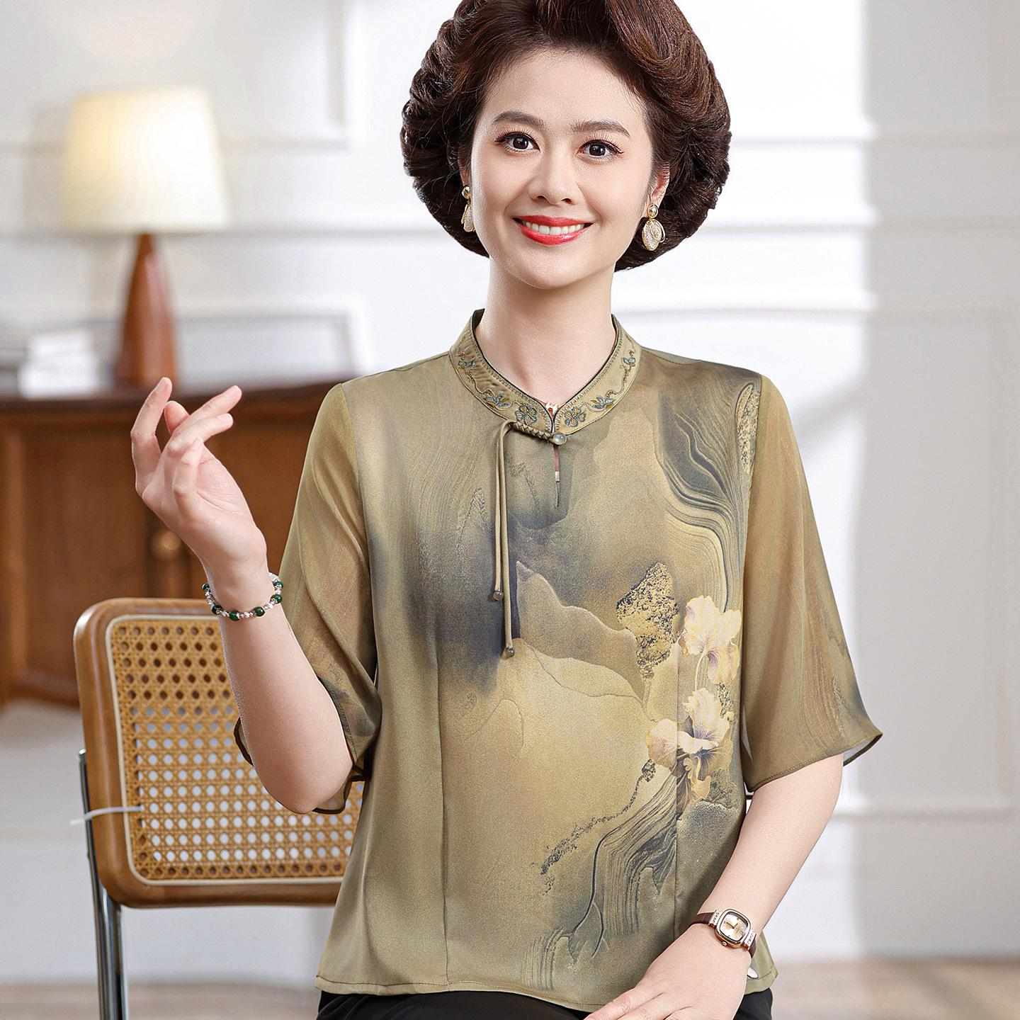 

Silk Embroidered Stand Collar Short Sleeve Blouse for Elderly Moms 2XL (Recommended 110-120 jin) зелений