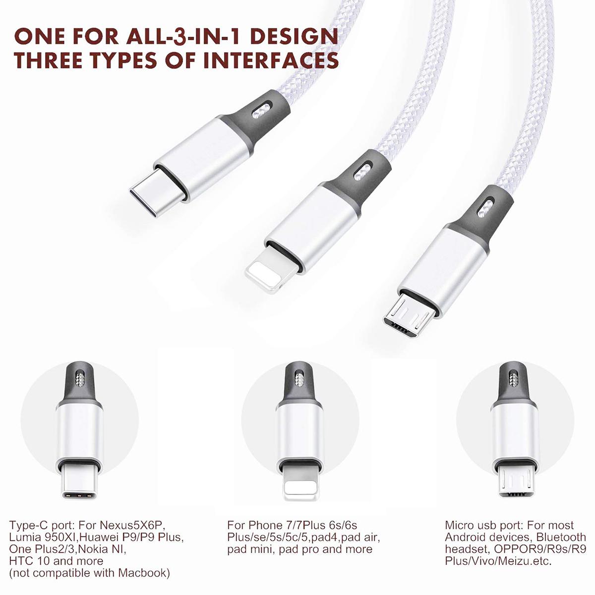 

3 In 1 USB Type C Cable Phone Charge Cable Nylon Braided Universal Charging Cord For Iphone 16 15 14 13 12 Pro Max Xiaomi Huawei