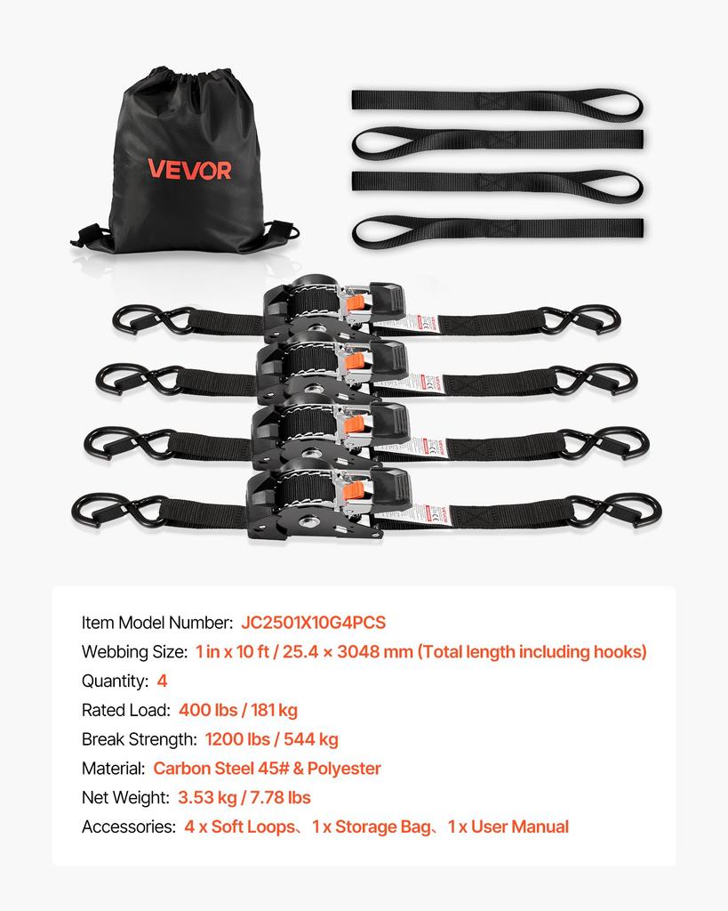 VEVOR Retractable Ratchet Straps, 25.4 mm x 3 m, Tie Down Straps with S Hooks, 544 kg Break Strength, 4 Soft Loops, Tie Down Ratcheting for Moving
