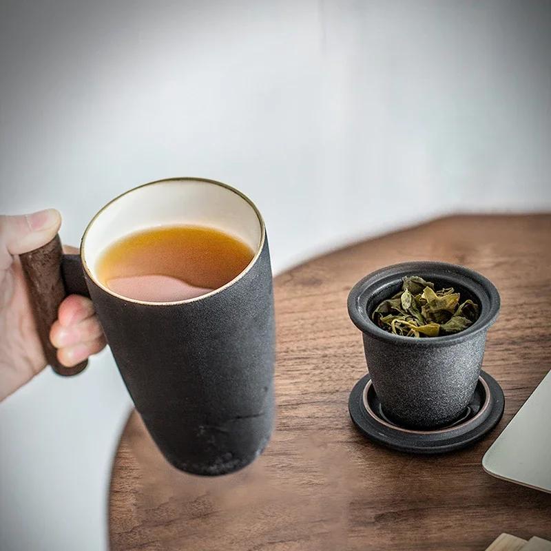 Luxury Retro Tea Cup Ceramic Mug Elegant Large Capacity Office Filter Black Water Cup with Cover Mugs Unusual Wooden Handle Cups Gift Ideas Box
