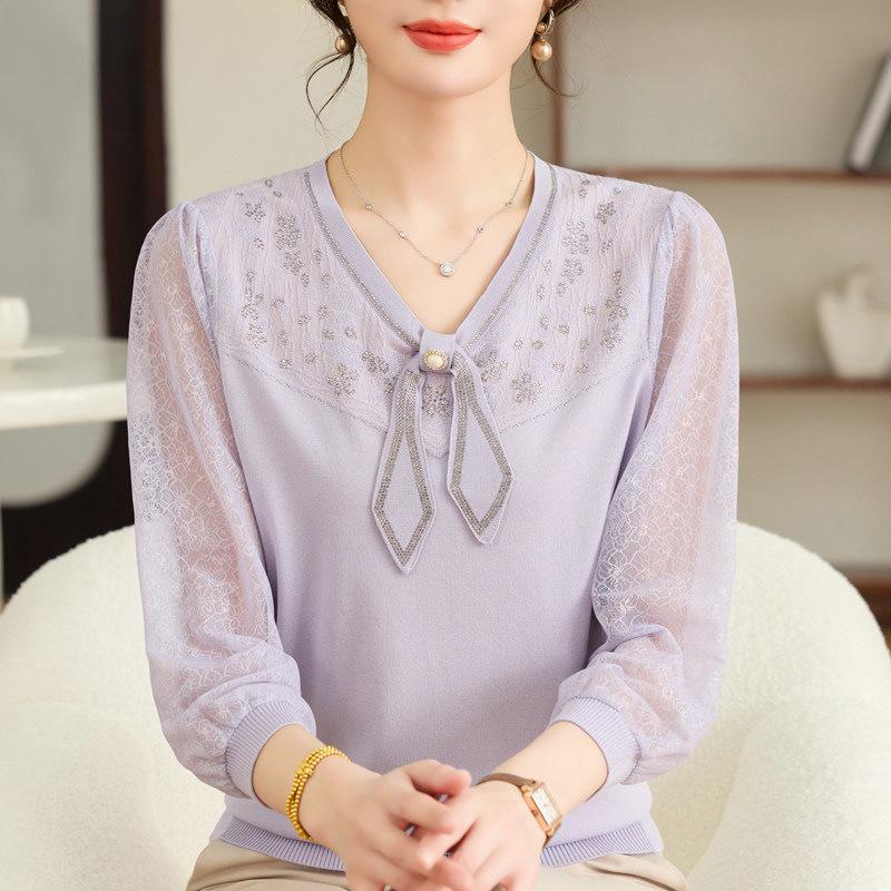 

Mom s Spring Knit Top with Gauze Sleeves - Stylish Mid-Aged Women s Summer Seven-Sleeve Layer Top 4XL (145-160 jin)