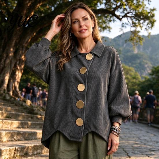Lady Corduroy Jacket Women with Large Metal Buttons, Lantern Sleeve Casual Long Coat for Fall Winter, Loose Fit Oversized Collared Outerwear Warm