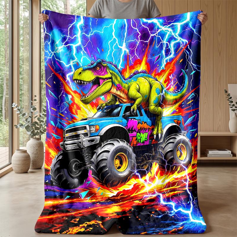 Dinosaur Monster Truck Adventure Blanket Personalized Name Flannel Blanket Soft Cozy Plush Throw for Sofa Bed Lightweight Home Decor