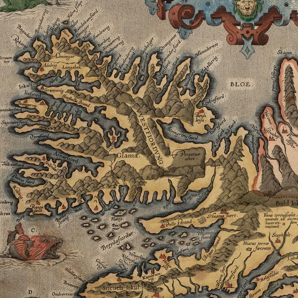 Vintage 1585 Iceland Map Poster, Art Print with Sea Monsters, Retro Nordic Home Decor Wall Hanging for Living Room & Office