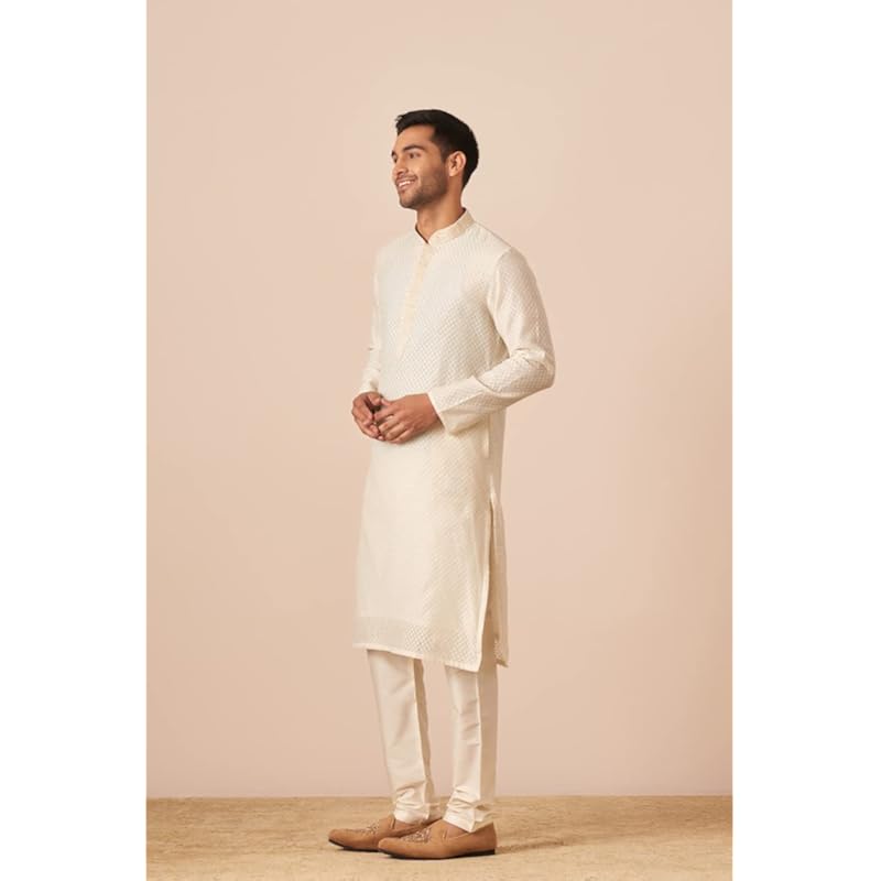 Manyavar Kurta Set For Men, Full Sleeves Mandarin Collar Ethnic Kurta & Payjama Set Art Silk All Over Self Design Set (C