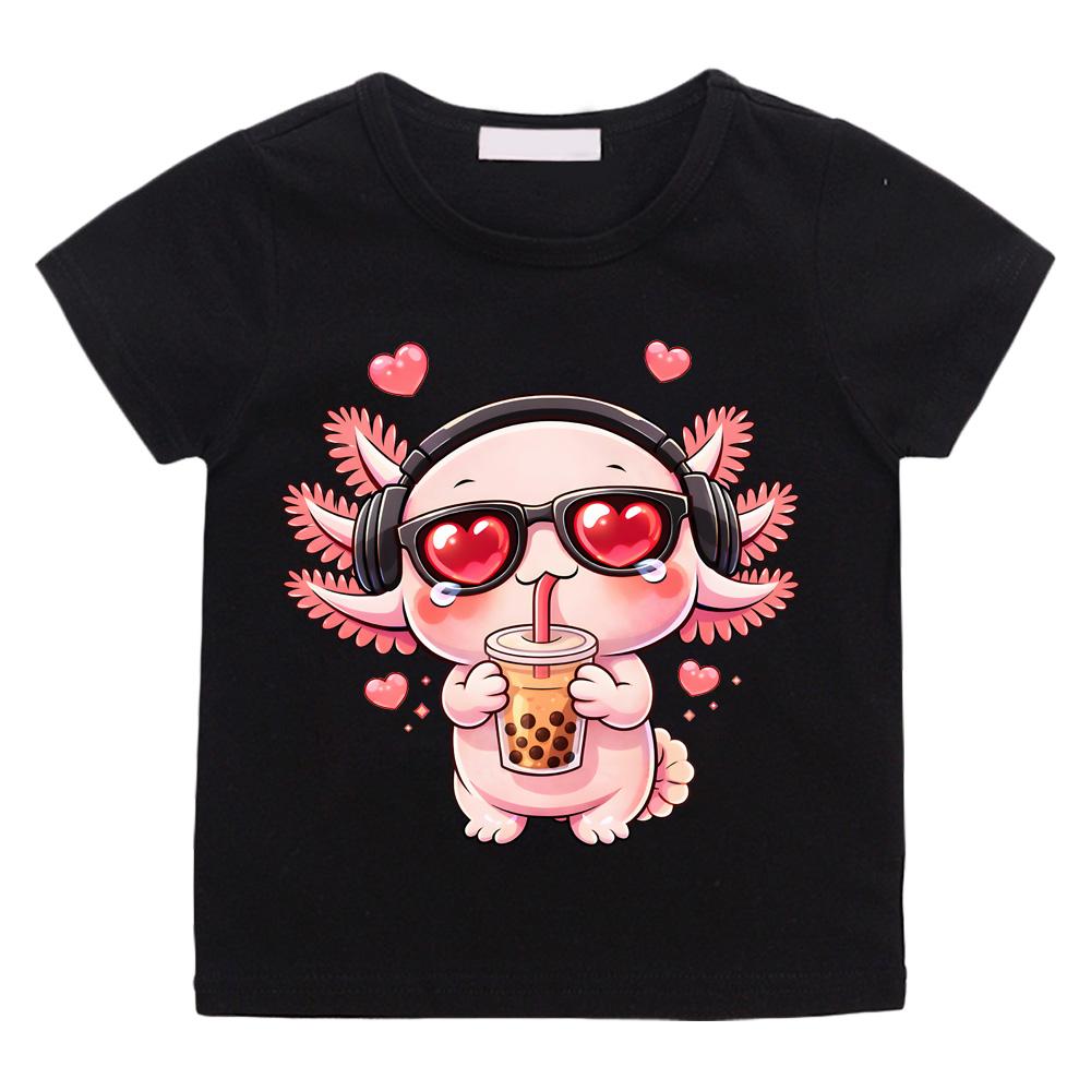 Bubble Tea Love Axolotl T Shirt Kawaii Axolotl Drinking Boba Chibi Anime Design Tee Cotton Boys/girls Cartoon Print Cute Manga Tee-shirt