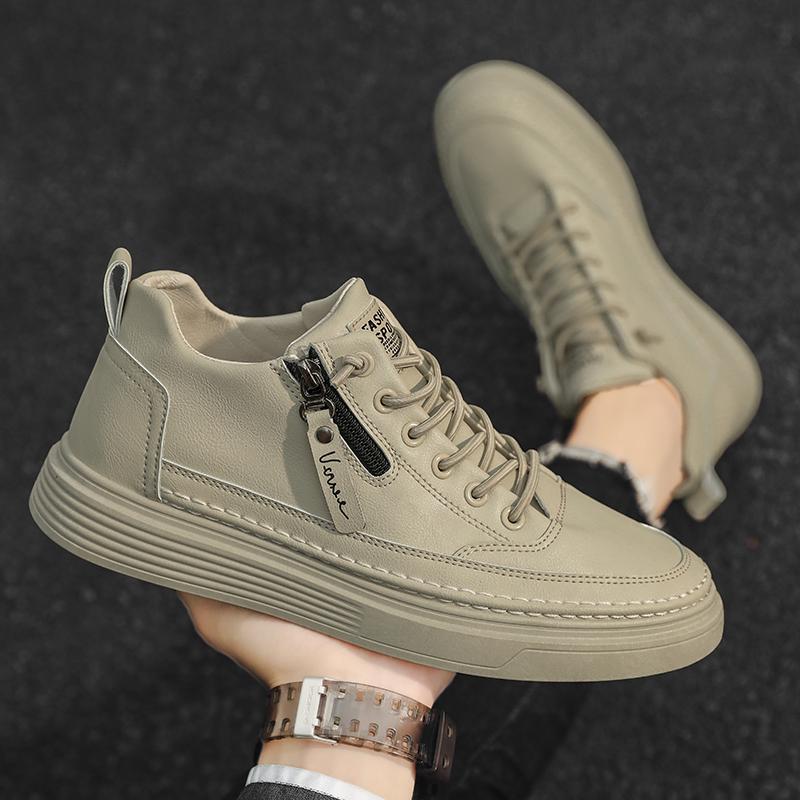 Fashionable zippered leather shoes, comfortable sports shoes, one foot high top leather casual flat ankle boots, men's shoes