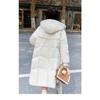 Thickened Korean Bread Coat with Pockets; Fashionable Green Feather Cotton Coat with Hood and Long Design for Winter