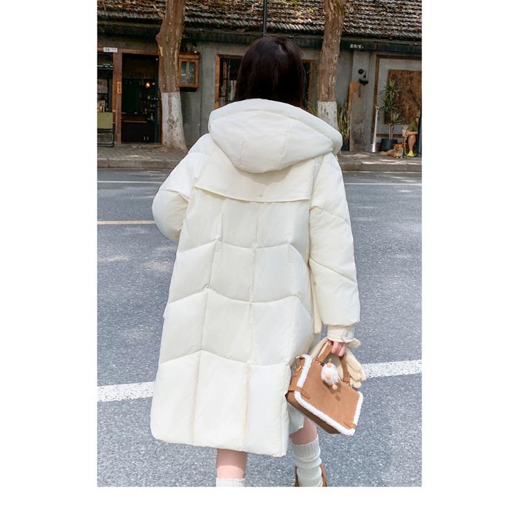 Thickened Korean Bread Coat with Pockets; Fashionable Green Feather Cotton Coat with Hood and Long Design for Winter