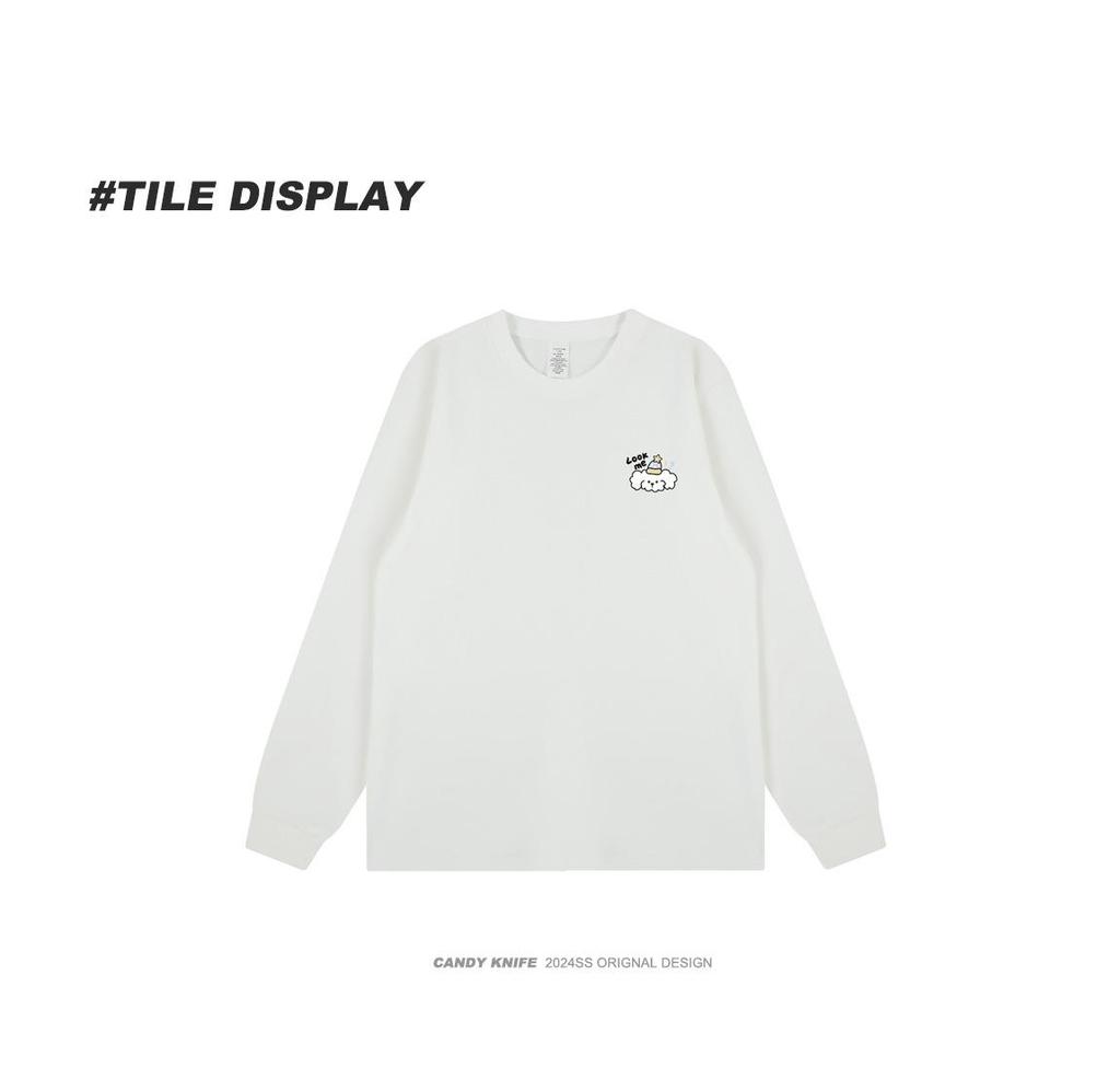 Trendy Korean Style Versatile Cute Print Cuffed Long Sleeve Couple T-Shirt