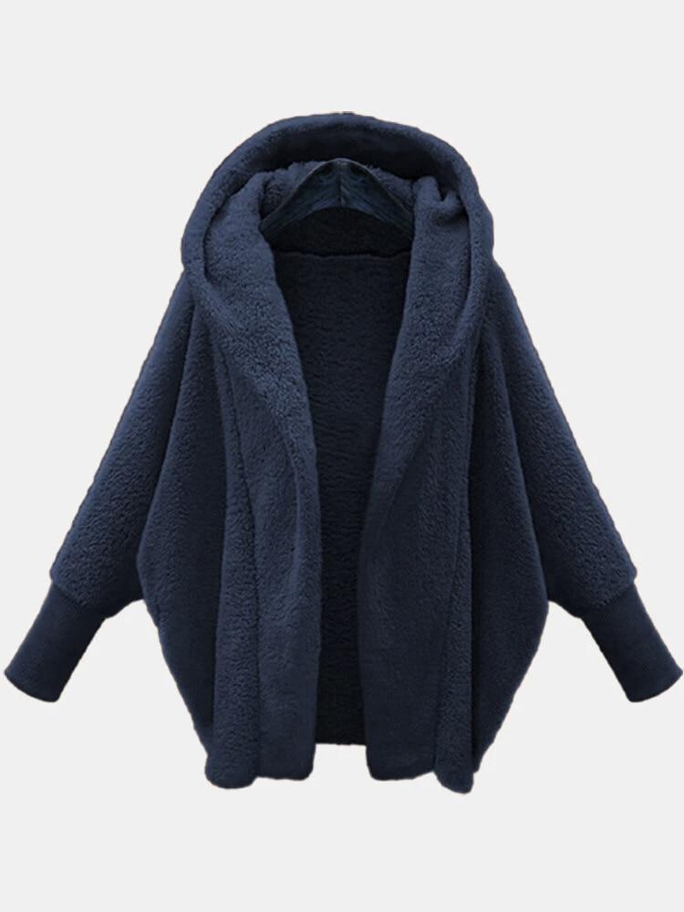 Winter Solid Long Sleeve Jackets 2026 Hooded Loose Plush Coats Large Cardigan Clothes For Women Female Bat Sleeve Clothing 23973