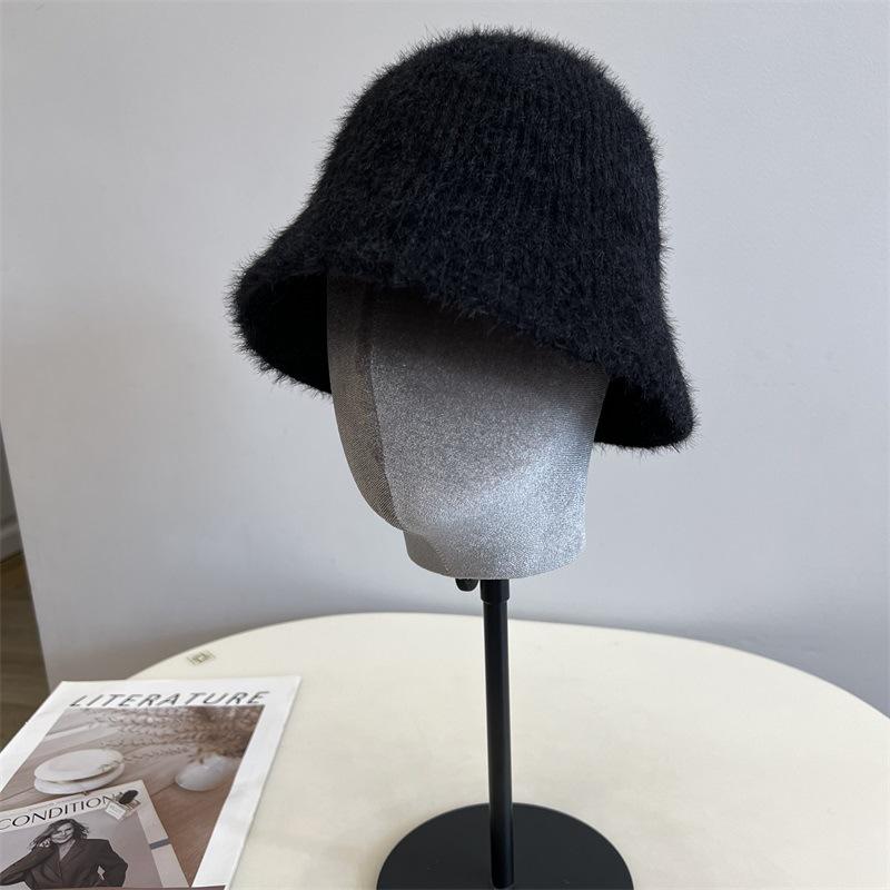 New Imitation Mink Knitted Vertical Striped Bucket Hat Women's Simple Solid Color Warm Fisherman Hat Trendy