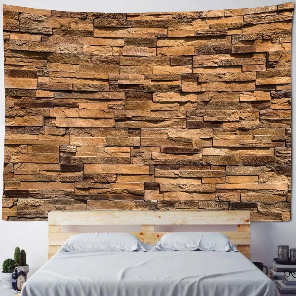 3D Printing Stone Wall Tapestry Vintage Wooden Brick Wall Hanging Cloth Bohemian Psychic Hippie Background Wall Home Decoration