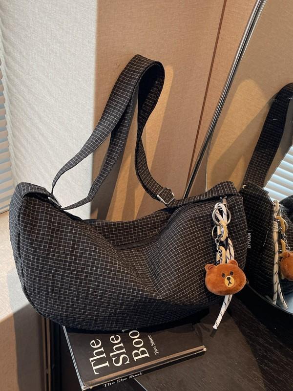 Nylon Plaid Shoulder Bag With Zipper Closure For Casual Daily Use