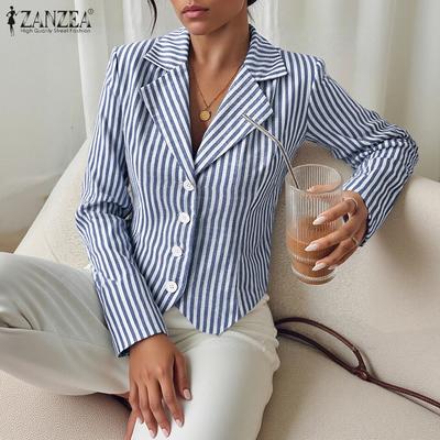 Women Casual Notched Lapel Long Sleeve Stripe Cardigan Blouse