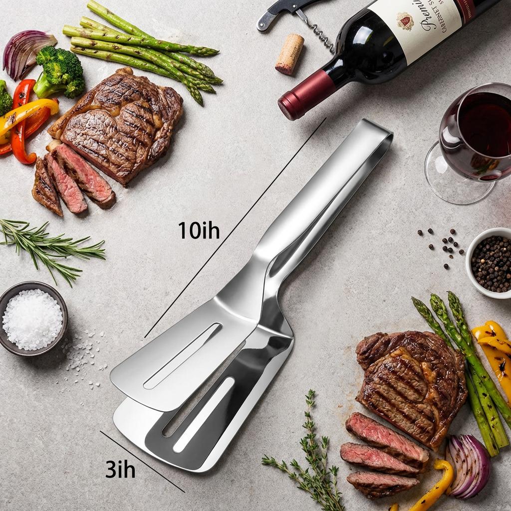 Stainless Steel Steak Clip - Heavy Duty Barbecue Tongs with Spatula, Multifunctional Grill Tool for Steak, Meat & BBQ Cooking