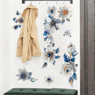 3D Blau Weiß Floral Wandaufkleber Selbstklebend Abnehmbar für Wohnzimmer Schlafzimmer Hintergrundwand Dekoration