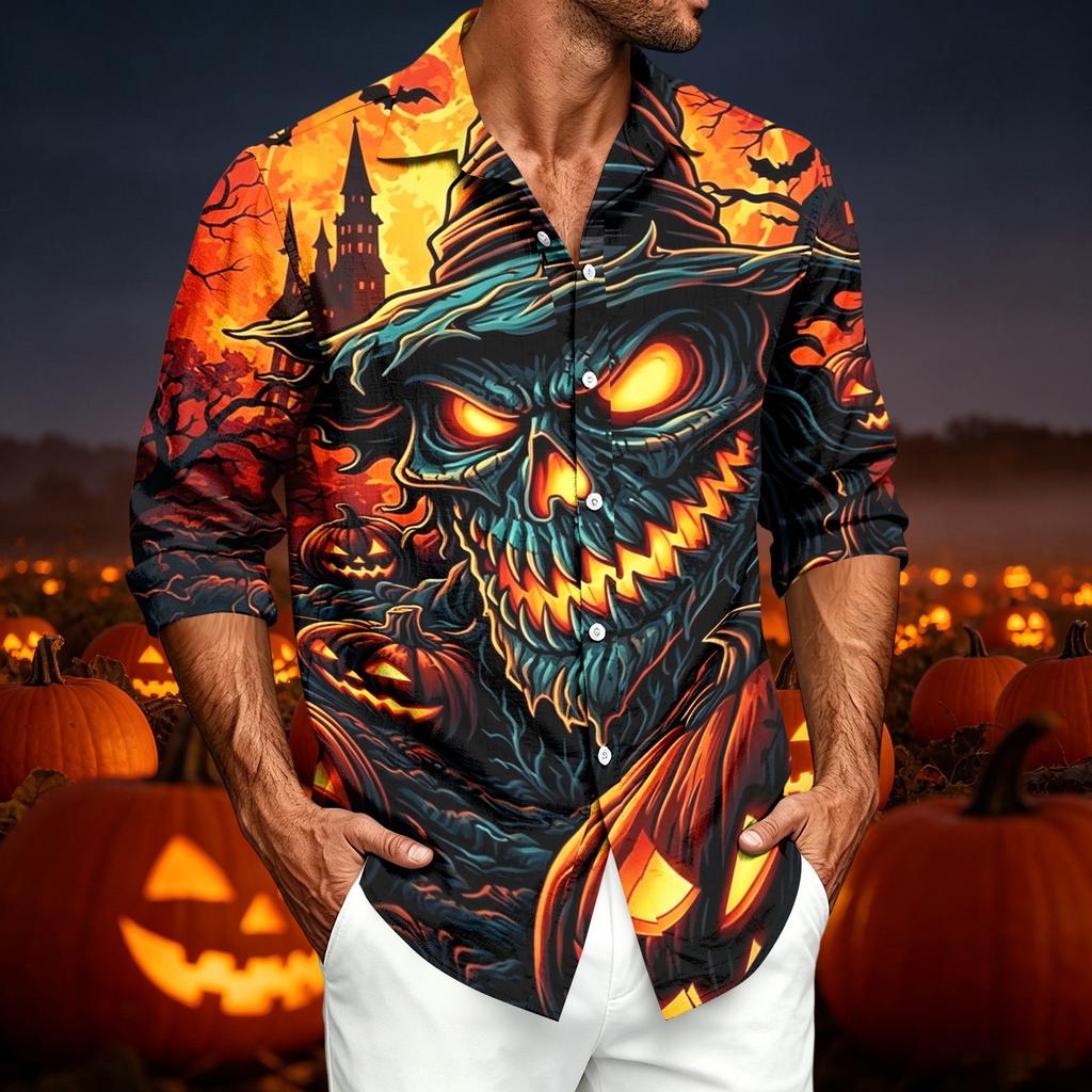 Men's Casual Long Sleeve Shirt with Halloween Print for Spring and Fall